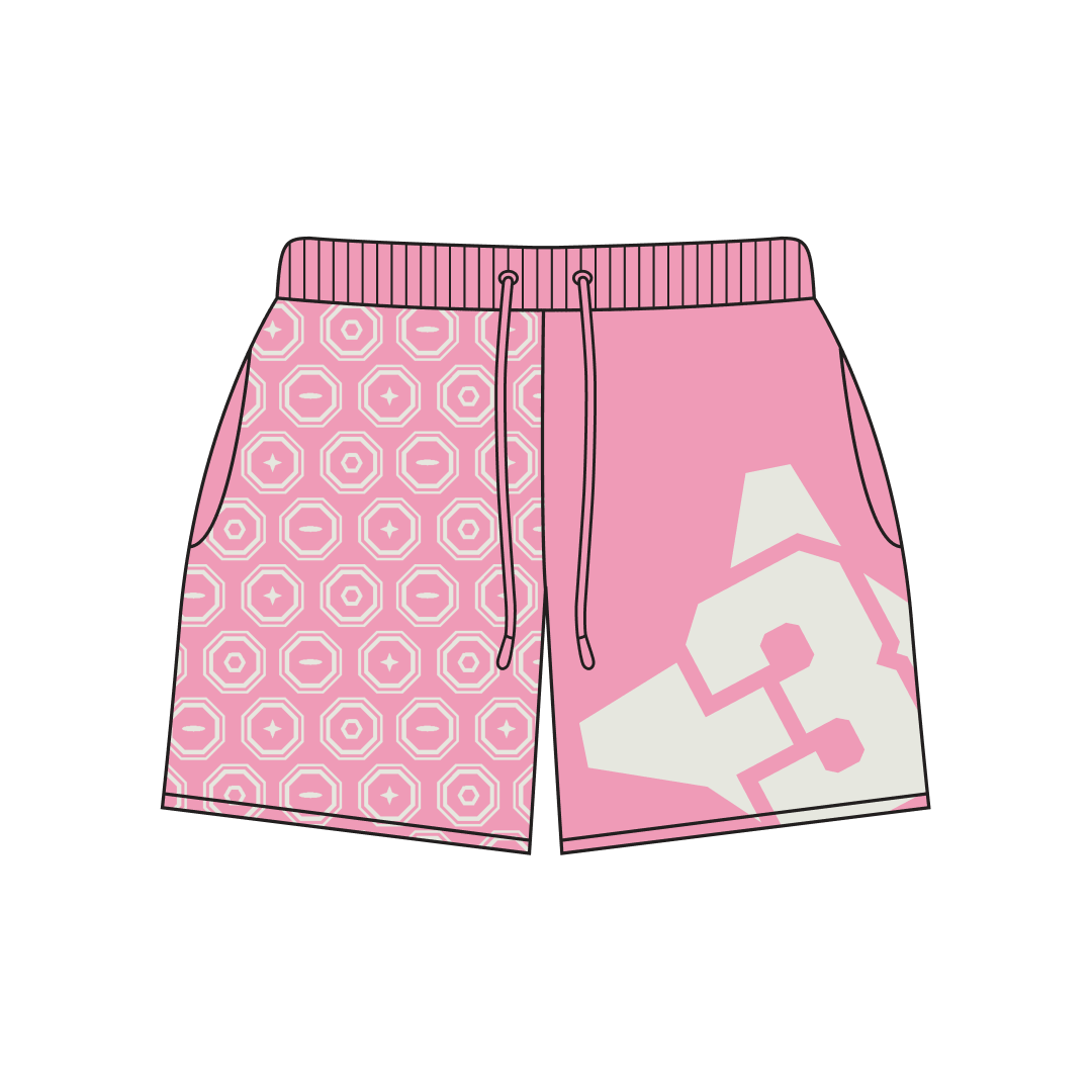 Pink Panel Shorts front view by Three Eyes Labs